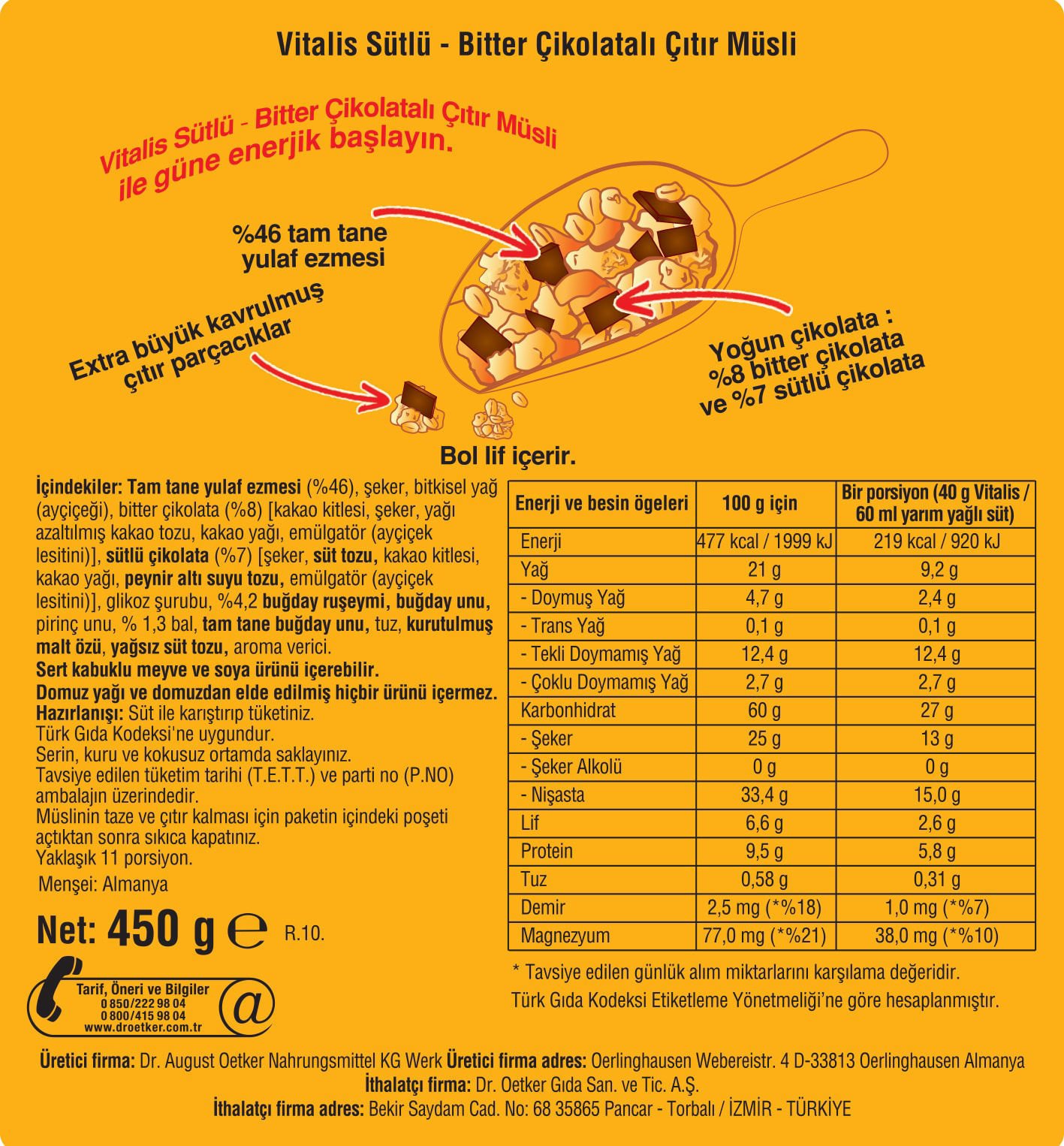 Dr. Oetker Vitalis Sütlü Bitter Çikolatalı Müsli 450 Gr