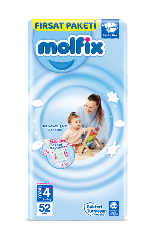 Molfix Bebek Bezi Beden 4+ (9-16Kg) Maxi Plus 52 Adet