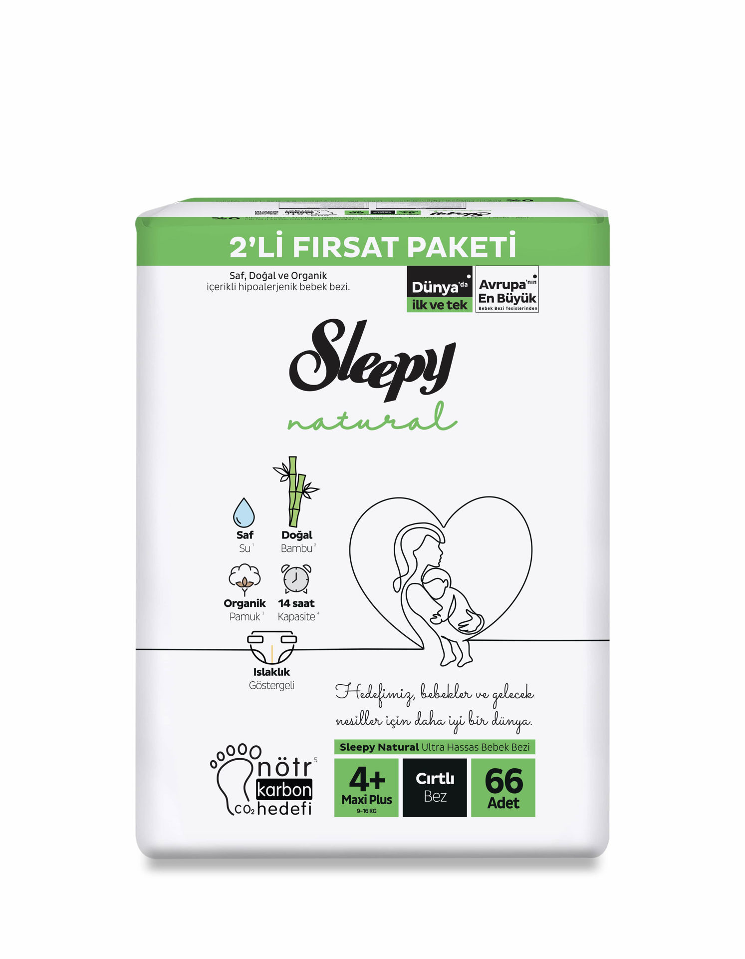 Sleepy Natural Fırsat Paketi Bebek Bezi 4+ Maxi Plus Numara 66 Adet