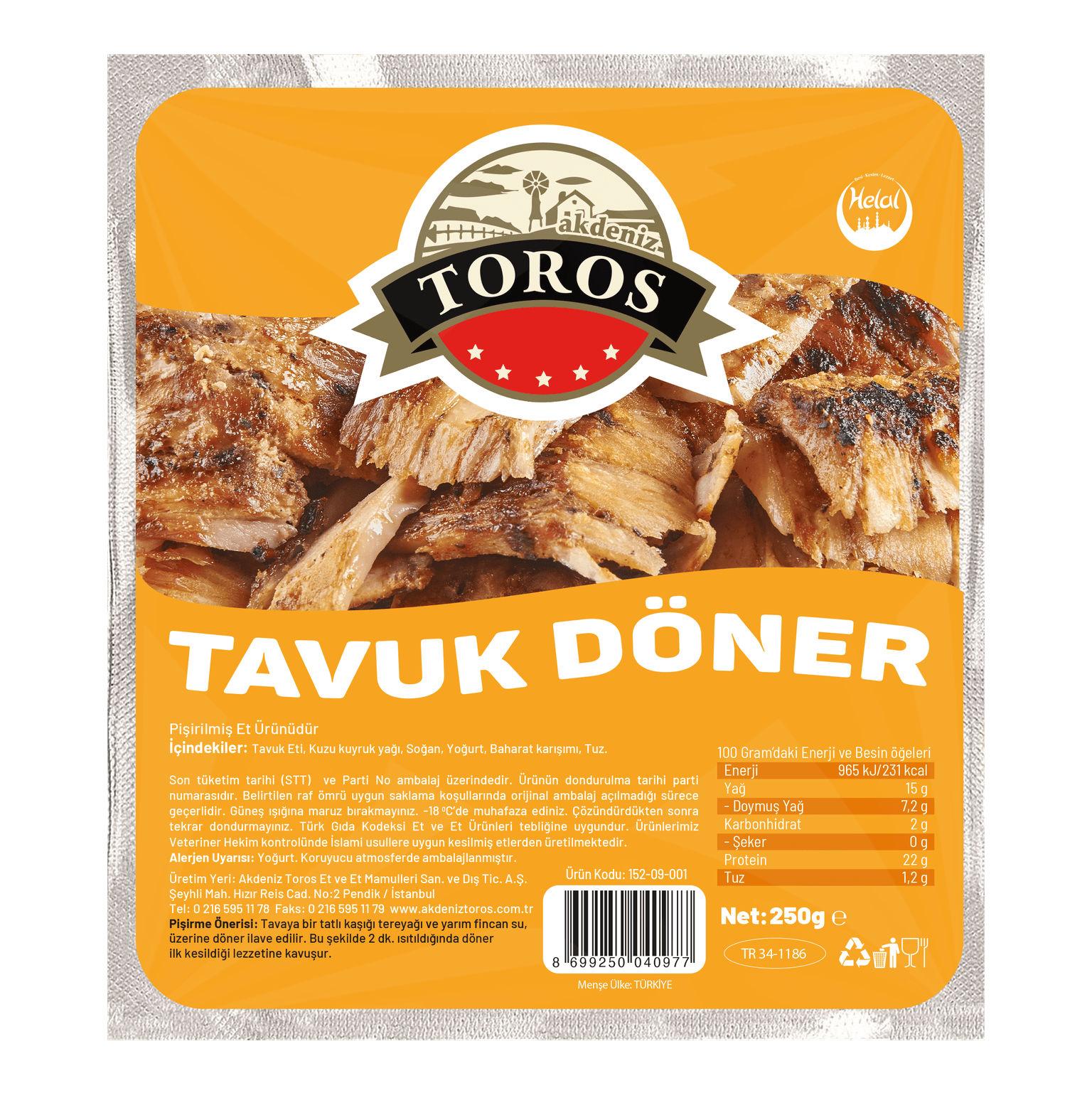 Akdeniz Toros Tavuk Döner (Pişmiş) 250 Gr (Donuk Olarak Satılır)